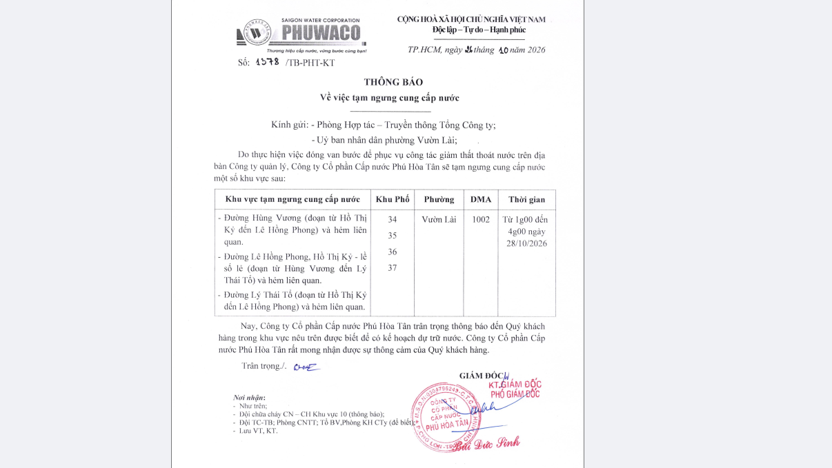 Thông báo tạm ngưng cung cấp nước một phần khu vực phường Thạnh Mỹ Tây